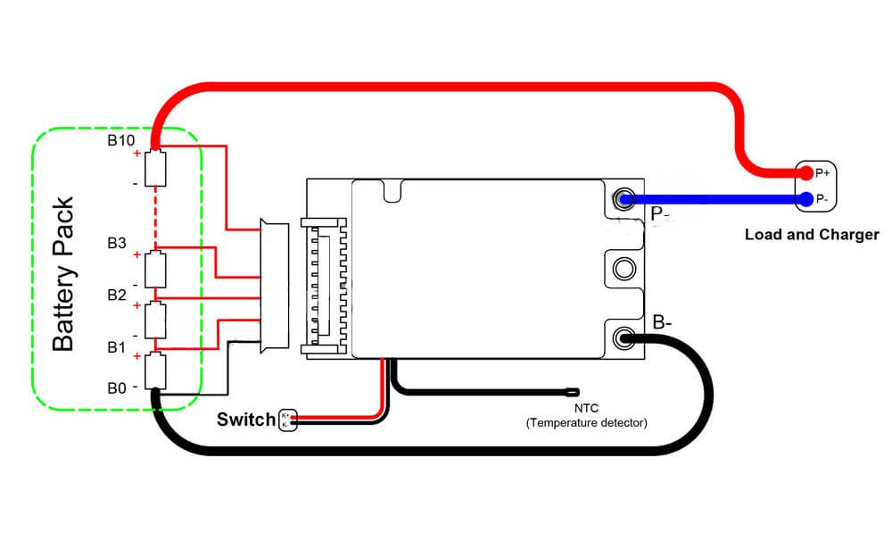 10S 20A 36V Battery BMS with switch wiring