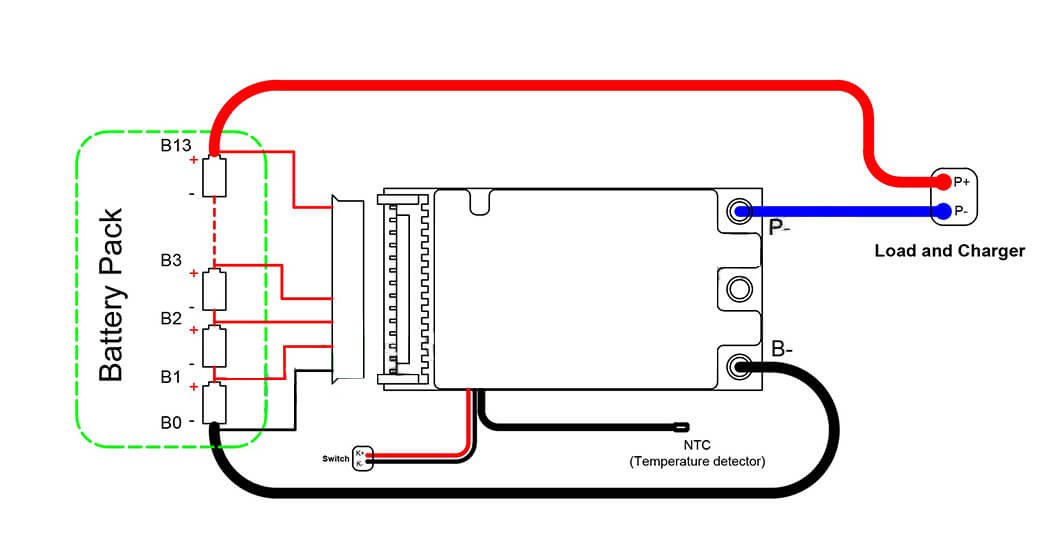13S 20A 48V Battery BMS with switch wiring